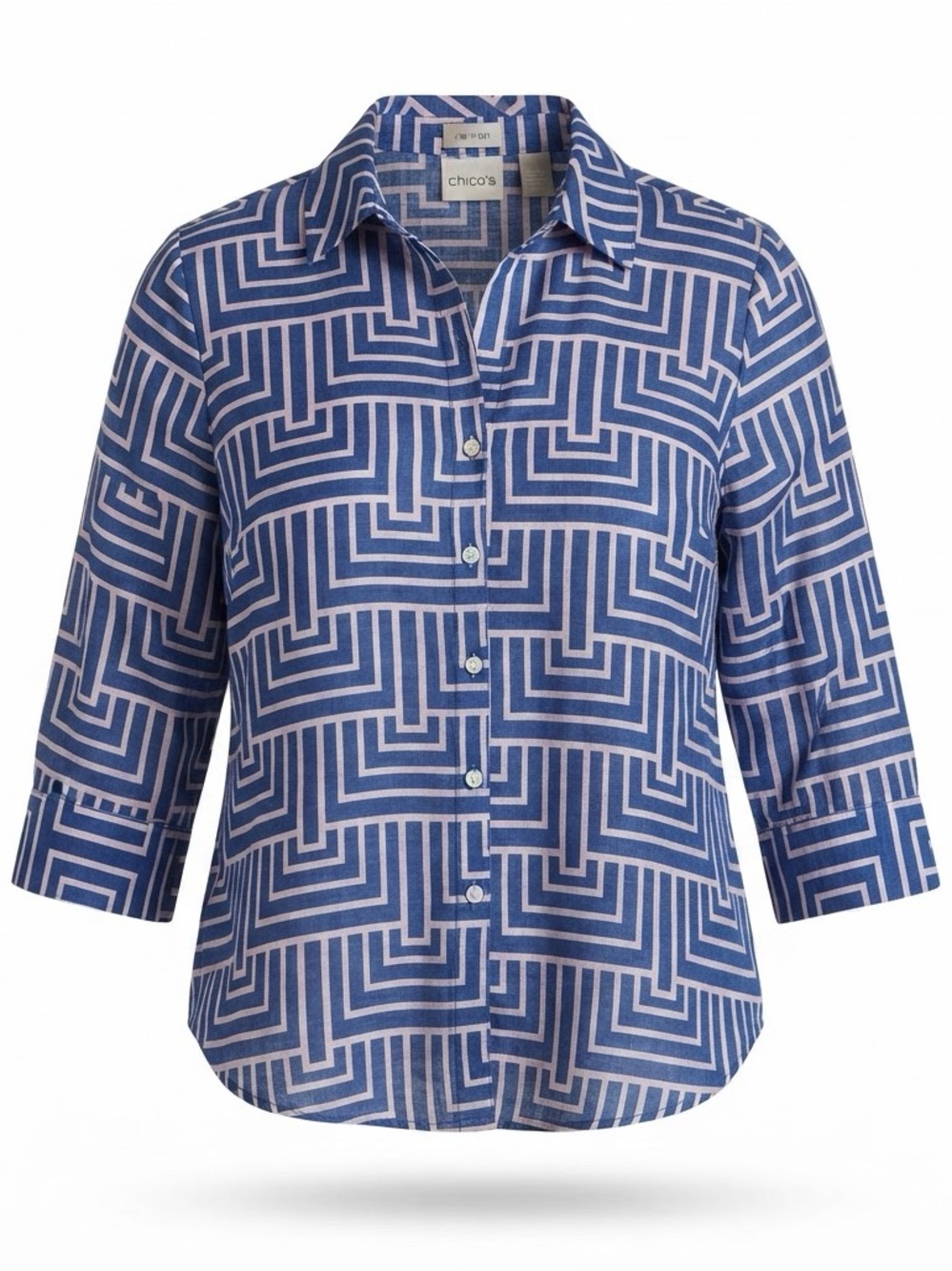 Chico's Blue & Light Pink Maze-Pattern Button Down Shirt